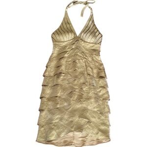 CACHE Metallic Gold Tiered Halter Party Formal Cocktail Dress size 6.